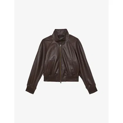 Reiss Womens  Eloise Funnel-neck Leather Jacket In Brown