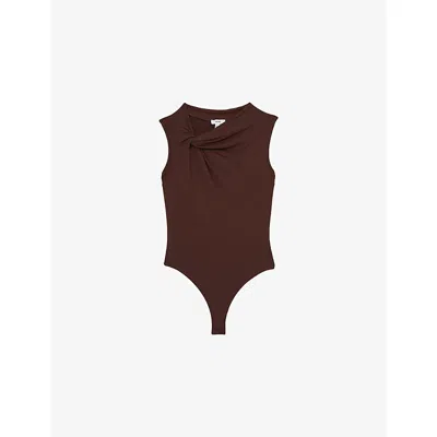 Reiss Womens Chocolate Brown Fran Knot-detail Sleeveless Stretch-woven Bodysuit