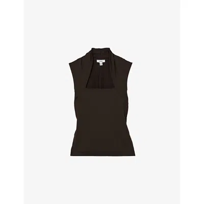 Reiss Womens Chocolate Brown Harri Square-neck Ruched Stretch-jersey Top