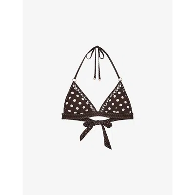 Reiss Womens Chocolate Brown Ivory Hennel Polka-dot Bikini Top In Black