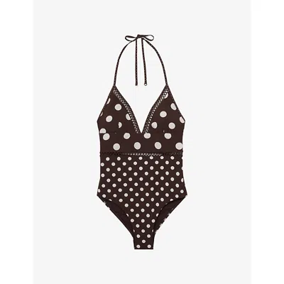 Reiss Womens Chocolate Brown Ivory Ray Polka-dot Halterneck Swimsuit