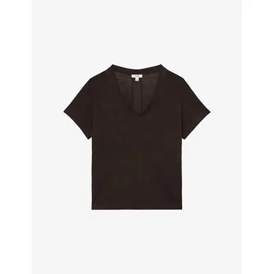 Reiss Womens Chocolate Brown Lola V-neck Linen T-shirt