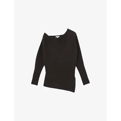 Reiss Womens Lorna Draped-neck Asymmetric Stretch-knit Jumper Chocolate Brown Xs