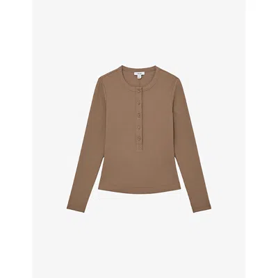 Reiss Womens Chocolate Brown Rina Half-button Stretch-cotton Top Xs