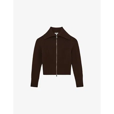 REISS WOMENS CHOCOLATE BROWN RUBY ZIP-UP WOOL CARDIGAN