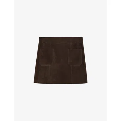 REISS WOMENS CHOCOLATE BROWN VIDA PATCH-POCKET SUEDE MINI SKIRT