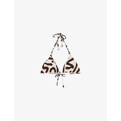 Reiss Womens Wynee Graphic-print Tie-up Stretch-woven Bikini Top Chocolate Cream