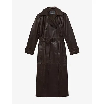 REISS WOMENS CHOCOLATE HATTIE DOUBLE-BREASTED LEATHER TRENCH