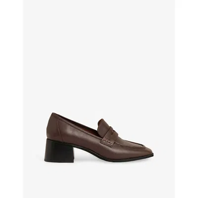 Reiss Womens  Heidi Block-heel Leather Penny Loafers In Chocolate