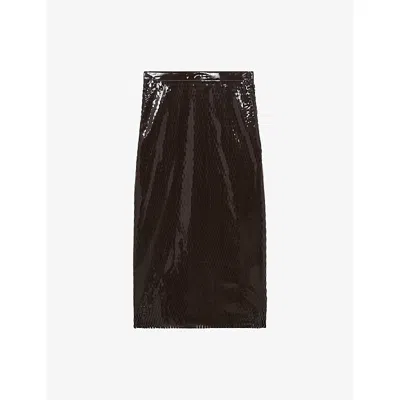 Reiss Womens  X Atelier Raye Laser-cut Woven Pencil Skirt Chocolate