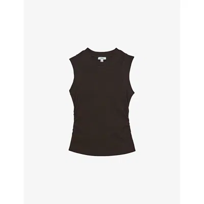 Reiss Womens Chocolate Trudy Ruched Stretch-cotton Top In Brown