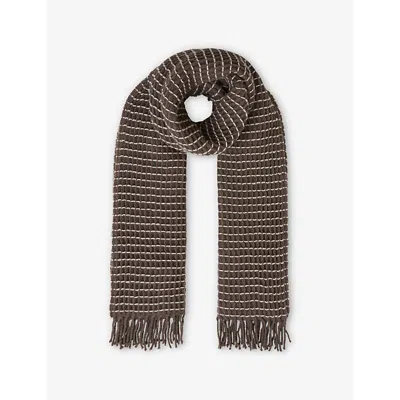 Reiss Womens Contrast-stitching Waffle-knit Wool Scarf Taup In Taupe