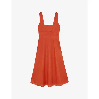 Reiss Womens Coral Orange Dorethea Square-neck Linen Midi Dress