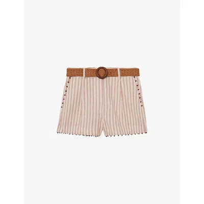 Reiss Womens Coral Orange Ivory Chloe Striped Linen Shorts In Brown