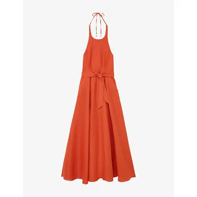 Reiss Womens Coral Orange Paules Open-back Linen Maxi Dress In Red
