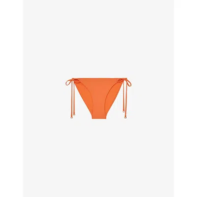 Reiss Womens Coral Orange Riah Side-tie Low-rise Stretch-woven Bikini Top