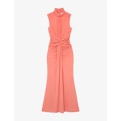 Reiss Womens Coral Orange Starla Ruched Sleeveless Stretch-woven Maxi Dress In Red
