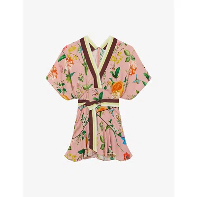 Reiss Womens Coral Orange Tessa Floral-print Silk Mini Dress In Multi