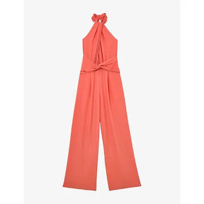 Reiss Womens Coral Pink Akia Halterneck Stretch-woven Jumpsuit In Red