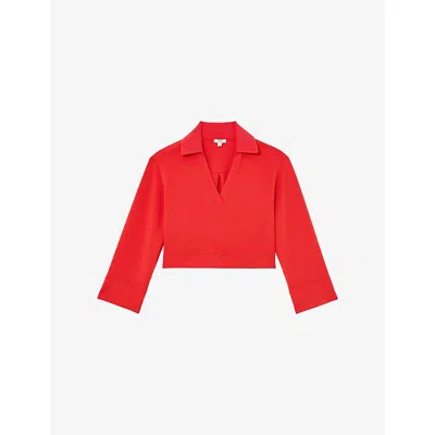 Reiss Womens Coral Red Bea Premium Interlock Open-collar Sweatshirt