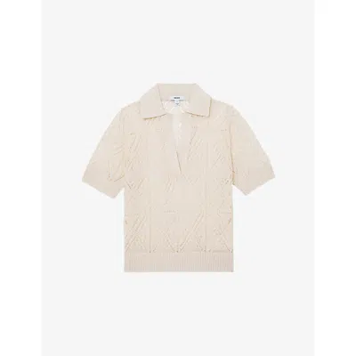 Reiss Womens Cream Finty Open-collar Knitted Top In Neutral