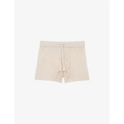 Reiss Womens Cream Finty Open-work Stretch-knit Shorts In Neutral