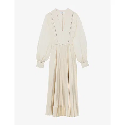 Reiss Womens Cream Millie Stud-detail Pleated Woven Midi Dress In Neutral
