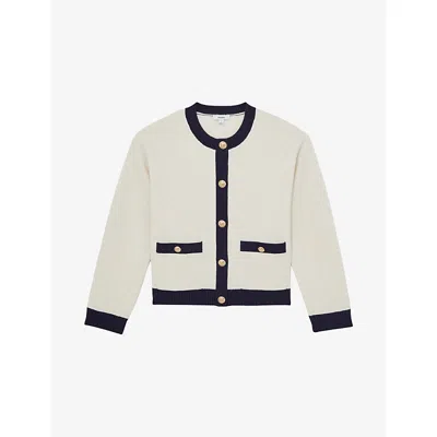 Reiss Olive Wool-cashmere Crewneck Cardigan In Neutral