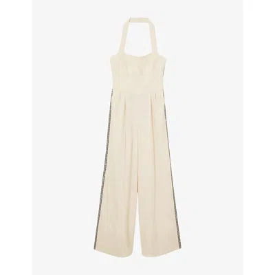 Reiss Womens Viola Embroidered Halterneck Wide-leg Woven Jumpsuit Cream