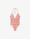 REISS REISS WOMEN'S CREAM/CORAL LEONORA FERN-PRINT PLUNGE-NECK STRETCH-WOVEN SWIMSUIT