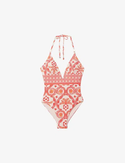 Reiss Leonora Fern Print Deep V Swimsuit In Pink