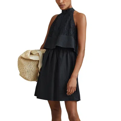 Reiss Eden Linen-blend Broderie Sleeveless Mini Dress In Black