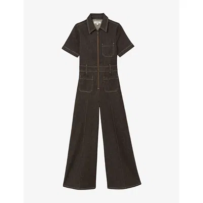Reiss Womens Danie Wide-leg Denim Jumpsuit Chocolate Brown
