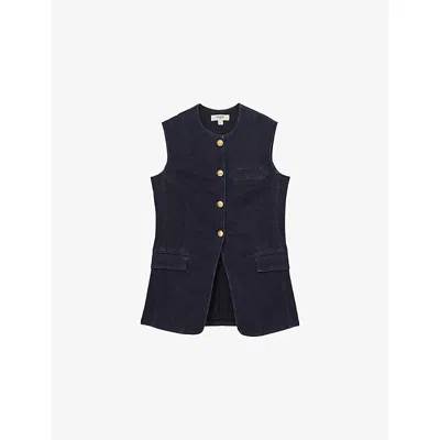 REISS WOMENS DARK BLUE ATHENA ROUND-NECK LONG-LINE STRETCH-DENIM WAISTCOAT