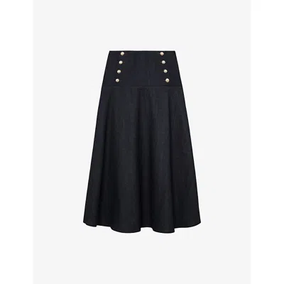 Reiss Womens Dark Blue Skylar Button-embellished Denim Midi Skirt In Black