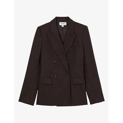 Reiss Womens Dawson Herringbone Double-breasted Stretch Wool-blend Blazer Chocolate Brown