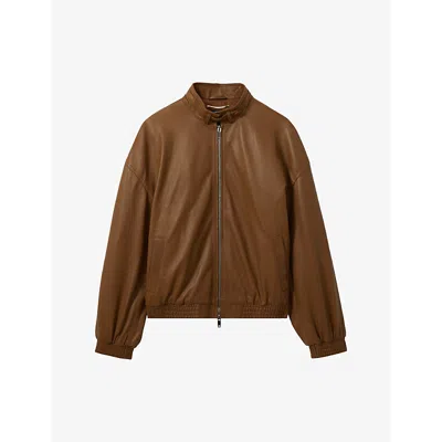 Reiss Womens Dru Stand-collar Faux-leather Jacket In Tan