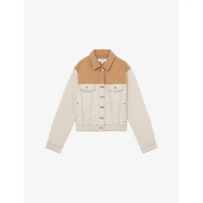 Reiss Womens Maddie Colour-block Denim Jacket Ecru