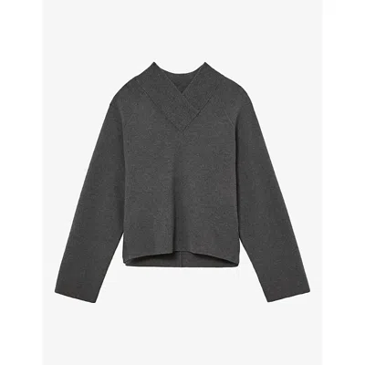 Reiss Womens Elle High V-neck Wool-blend Jumper Charcoal Grey