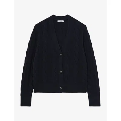 Reiss Womens Elowen Cashmere And Wool Cable-knit Cardigan Navy In Black