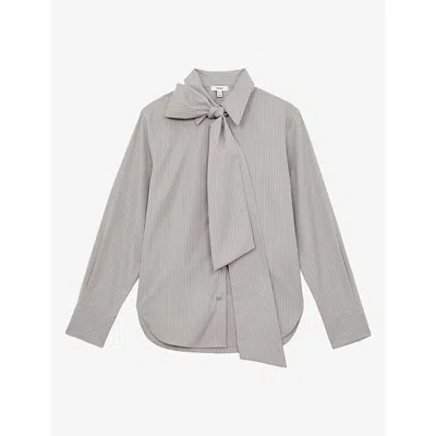 Reiss Womens Elowen Striped Tie-neck Cotton Shirt Grey