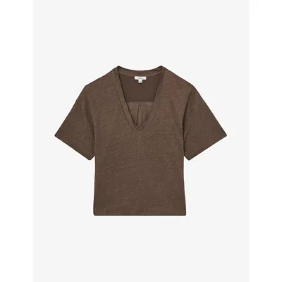 Reiss Womens Brown Ember V-neck Linen T-shirt