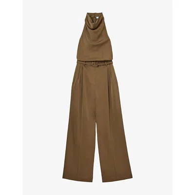 Reiss Womens Erica Cowl-neck Satin Occasion Jumpsuit Khaki Green In Brown
