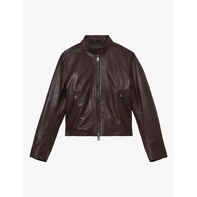 Reiss Womens Erin Stand-collar Leather Biker Jacket Burgundy