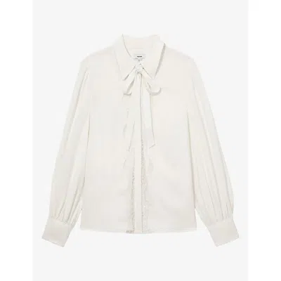 Reiss Womens Estelle Lace-trim Tie-neck Crepe Blouson Shirt Ivory In White