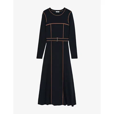 Reiss Womens Etta Colour-block Knitted Woven Midi Dress Navy Camel Xs In Black
