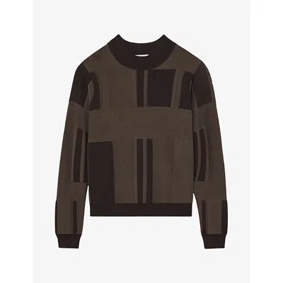 Reiss Womens Faro Mock-neck Jacquard-knit Jumper Chocolate Brown
