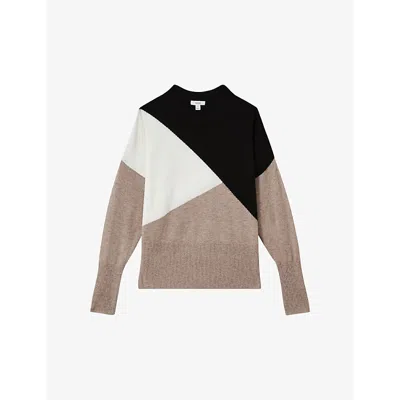 REISS WOMENS CAMEL/BLACK FAYE ROUND-NECK KNITTED JUMPER