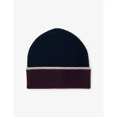 REISS WOMENS NAVY FILIPA CONTRAST-TRIM WOOL-BLEND BEANIE HAT