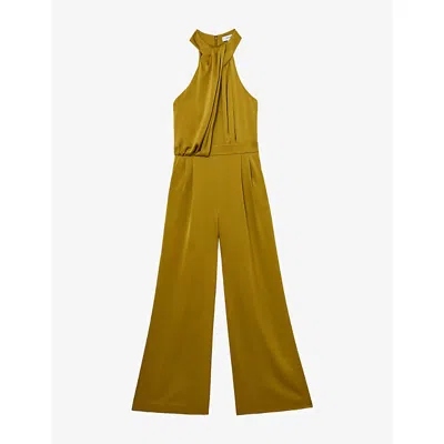 Reiss Womens Finley Draped Halter-neck Satin Jumpsuit Chartreuse Green